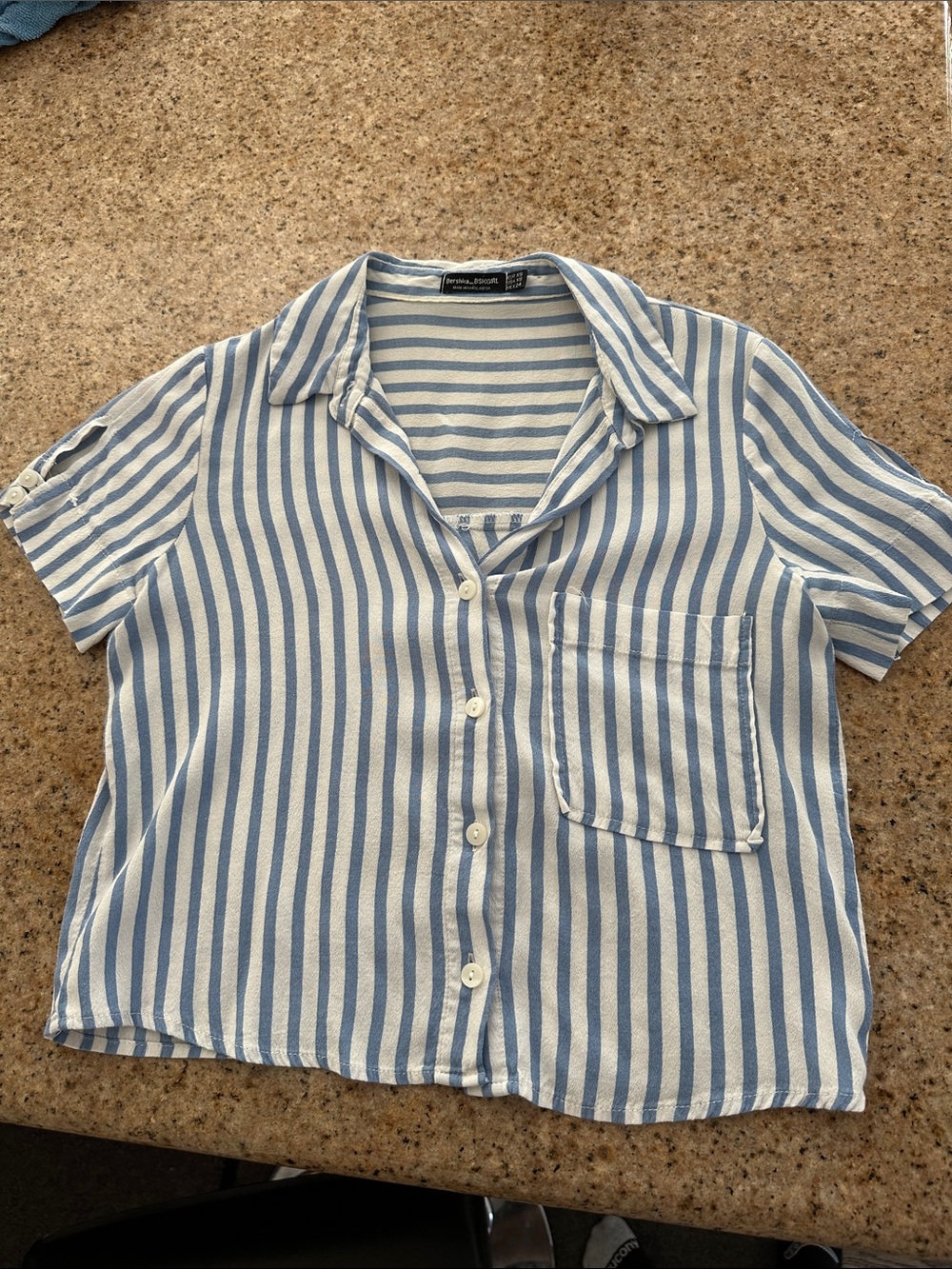 Blue and White Vertical Stripe Short-Sleeve Button-Down Shirt